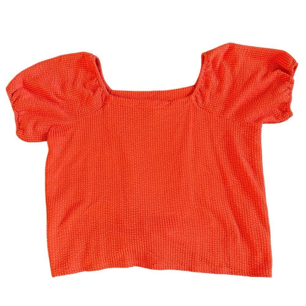 Loft Orange Seersucker Square Neck Puff Sleeve Front Tie Shirt Top Blouse Large - Picture 2 of 4